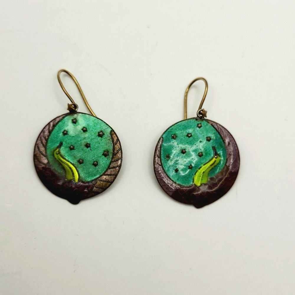 Vintage bird cloissone enamel gold, green, purple round earrings